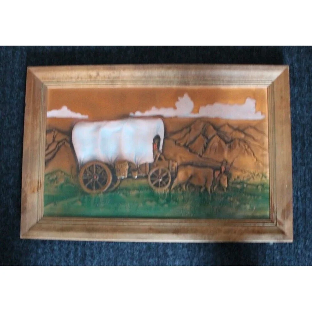 Vintage Covered Wagon Wall Art Copper Relief Ox Mountains Western